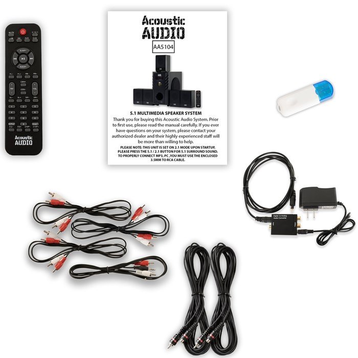 Acoustic Audio AA5104 Home 5.1 Speaker System with USB Bluetooth Optical Input and 2 Ext. Cables N2