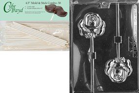 Cybrtrayd Rose Lolly Fruits and Vegetables Chocolate Candy Mold with 50 4.5-Inch Lollipop Sticks