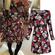 Mini Dress,Morecome Women Halloween Skull Rose Print Long Sleeve Party Swing Mini Dress