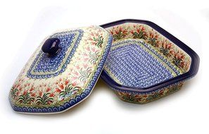 Polish Pottery Baker - Rectangular Covered - Large - Crimson Bells