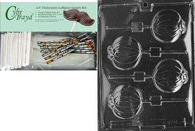 Cybrtrayd 45StK25H-H088 Plain Pumpkin Lolly Halloween Chocolate Mold with Lollipop Supply Kit