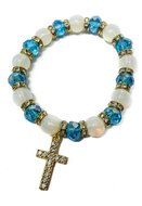 Stretchable Golden Bracelet Light Blue Crystal Beads &amp; Zircons Cross Jerusalem