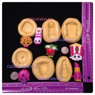6 Shopkins Fondant Mold Set Chocolate Soap Resin Clay Kooky Cookie D'Lish Donut Lippy Lips Strawberry Kiss Sneaky...