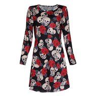 Mini Dress,Morecome Women Halloween Skull Rose Print Long Sleeve Party Swing Mini Dress N3