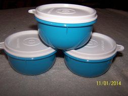 Tupperware Ideal Little Bowls set of (3) Blue with White Seals N2