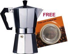 Aluminum Cuban Style Coffee Maker 1 cup, plus spare gasket and filter set