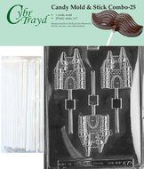 Cybrtrayd 45St25-K072 Castle Lolly Chocolate Candy Mold with 25 Cybrtrayd 4.5&quot; Lollipop Sticks