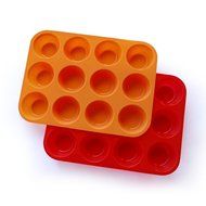 MIREN Non-Stick Silicone Muffin Cupcake Baking Pan - Standard Size - 12 Cups - 2 Pack(Red and Orange)
