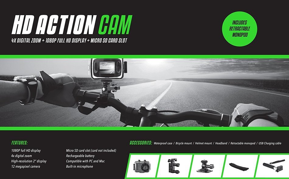 Emerson EVC655SL 1080P HD Action Cam, 2" Display, 12 megapixel N2