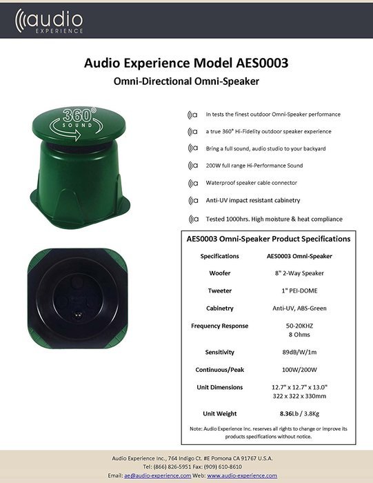 Audio Experience AES0003 full-range 200W omni speaker outdoor speakers with 8" 2-way speaker N3