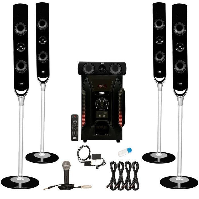 Acoustic Audio AAT1000 Tower 5.1 Speakers with USB Bluetooth Optical Input Mic and 4 Extension Cables