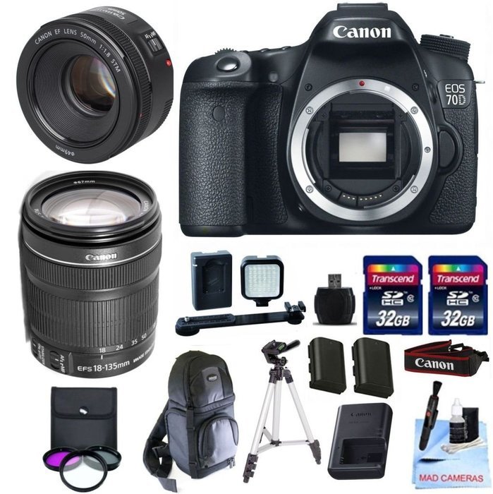 Canon 70D + Canon 18-135mm IS STM + Canon 50mm 1.8 STM + 2 32GB Transcend SD Memory Cards + LED Video Light +...
