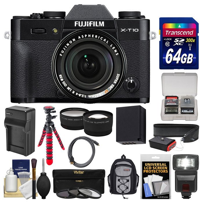 Fujifilm X-T10 Digital Camera & 18-55mm XF Lens (Black) with 64GB Card + Backpack + Flash + Battery & Charger... N3
