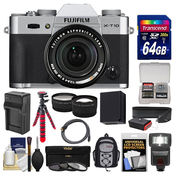 Fujifilm X-T10 Digital Camera & 18-55mm XF Lens (Black) with 64GB Card + Backpack + Flash + Battery & Charger... N4