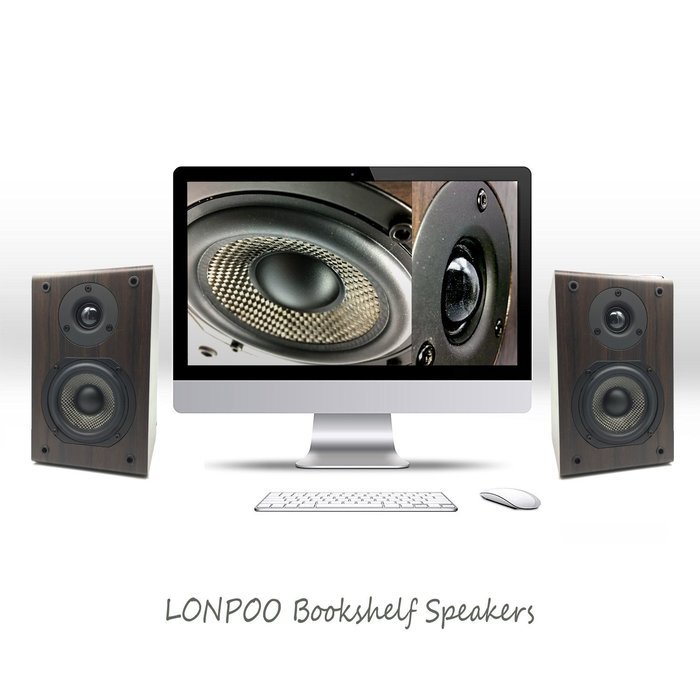 LONPOO 05BT Mini Bluetooth Bookshelf Speaker 30W *2 Classic Wooden Loudspeaker with Carbon Fiber Woofer and Silk...
