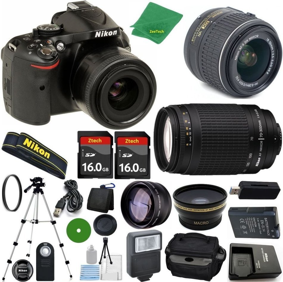 Nikon D5200 - International Version (No Warranty), 18-55mm f/3.5-5.6 DX VR, Nikon 70-300mm f/4-5.6G, 2pcs 16GB... N2