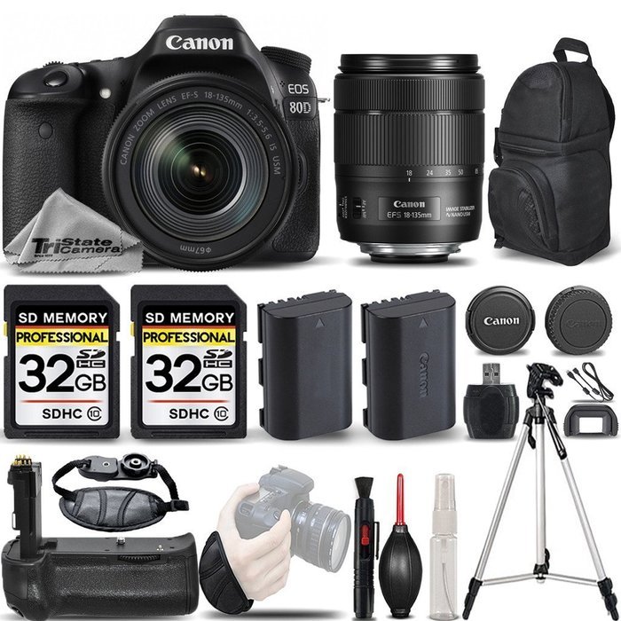 Canon EOS 80D Wi-Fi Full HD 1080P Digital SLR Camera + Canon 18-135mm IS USM Lens + Battery Grip + Extra Battery...