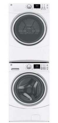 GE White Front Load Laundry Pair with GFWN1600JWW 27" Washer, GFDN160GJWW 27" Gas Dryer and GEFLSTACK Stacking...