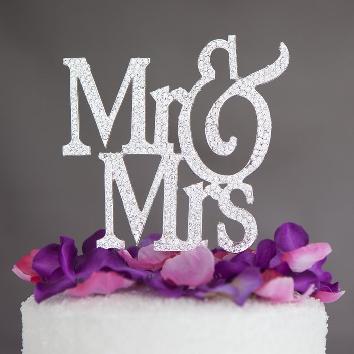 Mr & Mrs Wedding Cake Topper, Modern Monogram Decoration, Silver Crystal Rhinestone N2
