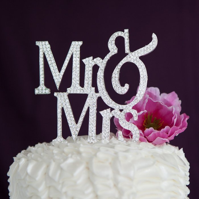 Mr & Mrs Wedding Cake Topper, Modern Monogram Decoration, Silver Crystal Rhinestone N3