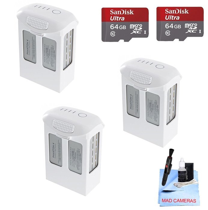 DJI Phantom 4 Battery Power Kit - Includes 3 Intellegent In Flight Batteries + 2 64GB SD Memory Card