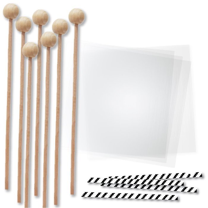 6 Inch Wood Lollipop Sticks and Wrappers, Black Twist Ties, Rock Candy Making Kit, 48