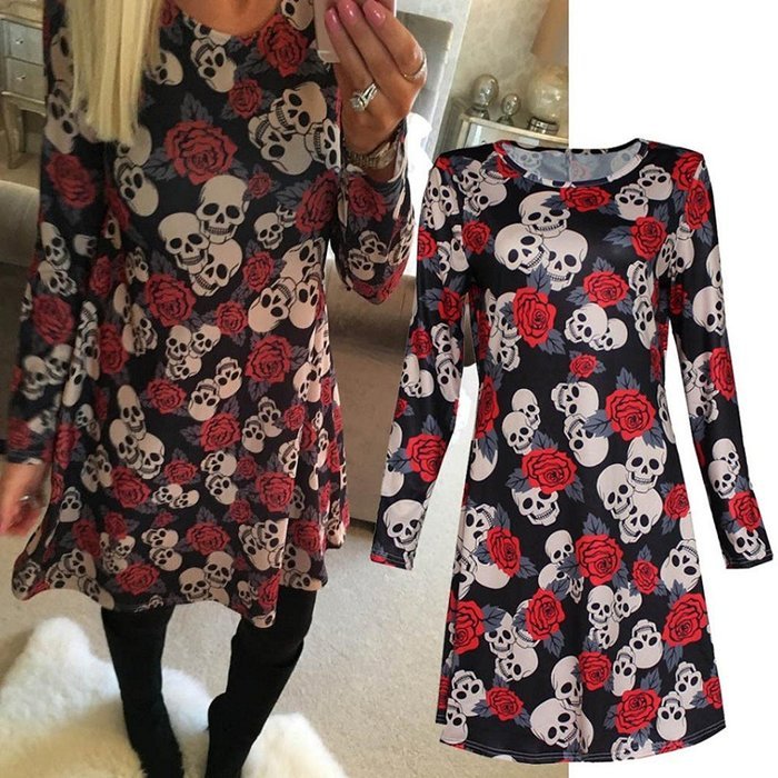 Mini Dress,Morecome Women Halloween Skull Rose Print Long Sleeve Party Swing Mini Dress