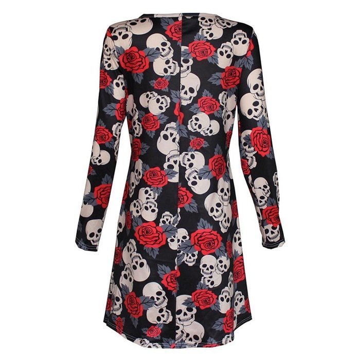 Mini Dress,Morecome Women Halloween Skull Rose Print Long Sleeve Party Swing Mini Dress N2