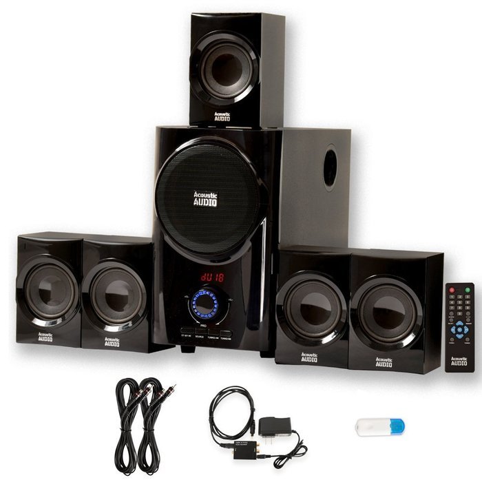 Acoustic Audio AA5160 Home 5.1 Speaker System with USB Bluetooth Optical Input FM and 2 Ext. Cables N2