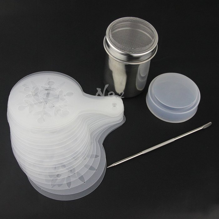 No.2 Warehouse Coffee Stencils Latte Art Cappuccino Plastic Plate Template 22 Designs Decorating Tool + Mesh Shaker... N3