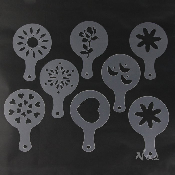No.2 Warehouse Coffee Stencils Latte Art Cappuccino Plastic Plate Template 22 Designs Decorating Tool + Mesh Shaker... N4