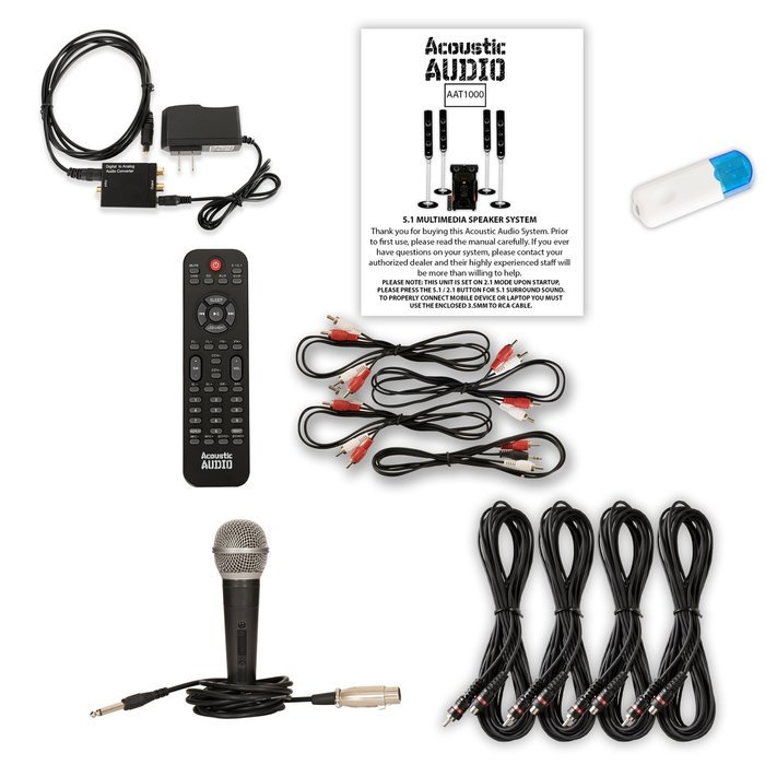 Acoustic Audio AAT1000 Tower 5.1 Speakers with USB Bluetooth Optical Input Mic and 4 Extension Cables N2