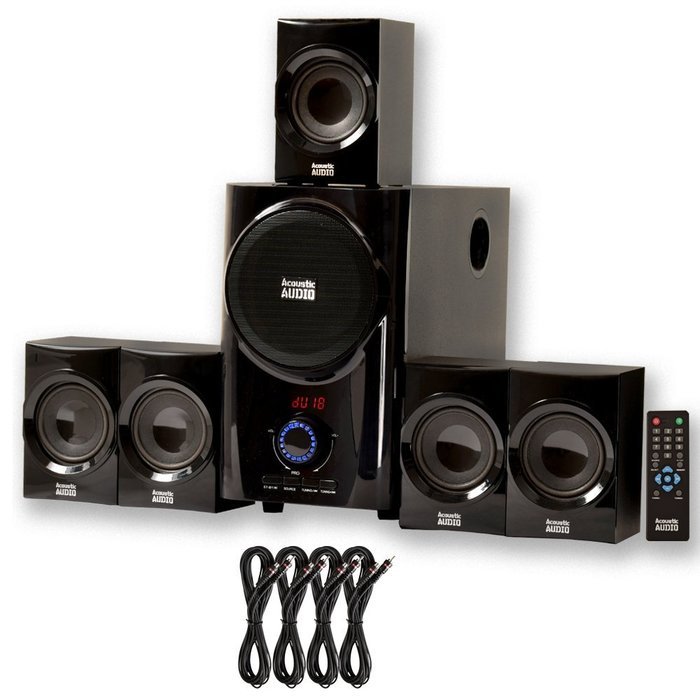 Acoustic Audio AA5160 Home Theater 5.1 Speaker System with FM Tuner and 4 Extension Cables N2