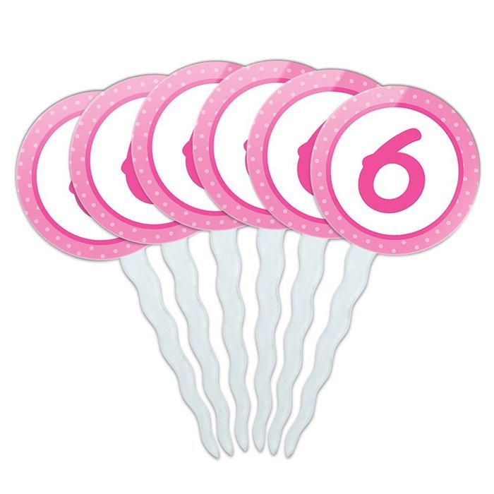 Set of 6 Cupcake Picks Toppers Decoration Birthday Party Pink Dots - 21 Twenty One N18
