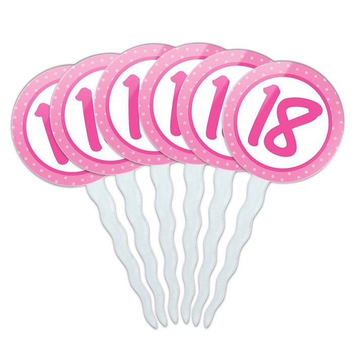 Set of 6 Cupcake Picks Toppers Decoration Birthday Party Pink Dots - 21 Twenty One N19