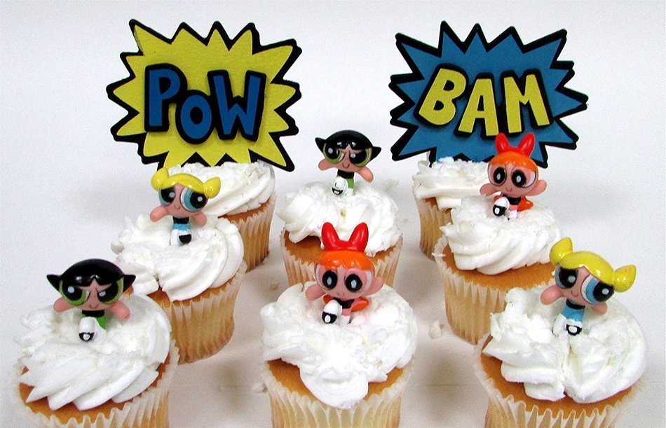 POWERPUFF GIRLS 8 Piece Birthday CUPCAKE Topper Set Featuring Powerpuff Girls Figures and Decorative Themed Accessories... N2