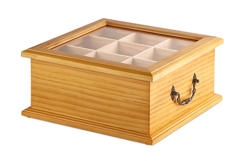 Wooden Tea Box, Tea Storage, Gourmet Tea Bag Organizer & Holder, Clear Lid, 9 Compartment, 180+ Bags N2