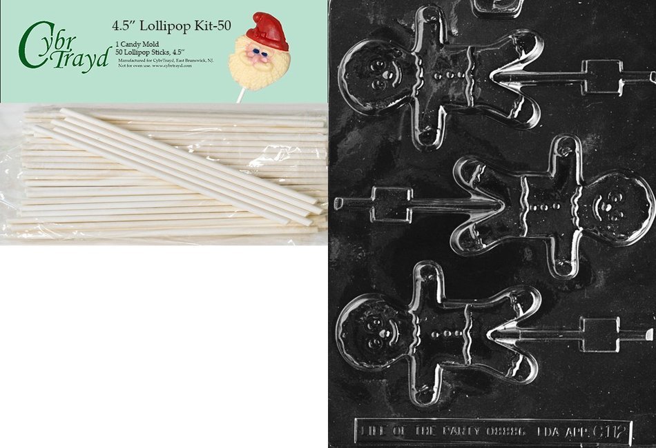 Cybrtrayd 00045St50-C112 Gingerbread Man Lolly Christmas Chocolate/Candy Mold with 50 4.5-Inch Lollipop Sticks