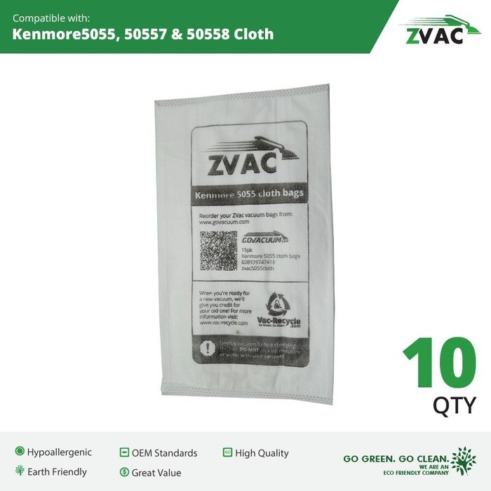 Kenmore Style C/Q Micro Filtration Canister Cloth Vacuum Bags Similar to 50558, 5055, 50557 by ZVac (10)