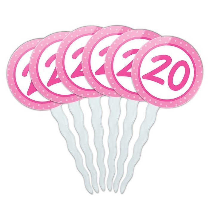 Set of 6 Cupcake Picks Toppers Decoration Birthday Party Pink Dots - 21 Twenty One N22