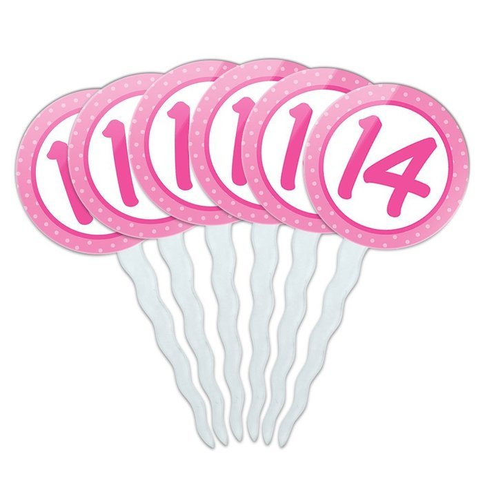 Set of 6 Cupcake Picks Toppers Decoration Birthday Party Pink Dots - 21 Twenty One N25