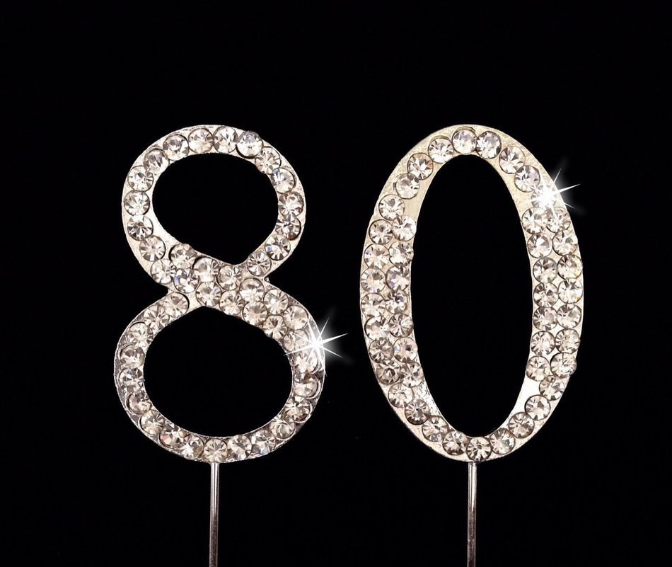80th Birthday / Wedding Anniversary Number Cake Topper with Sparkling Rhinestone Crystals - 1.75