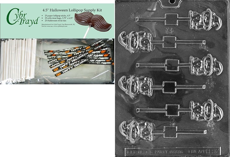 Cybrtrayd 45StK25H-H092 Cat with Hat Lolly Halloween Chocolate Mold with Lollipop Supply Kit