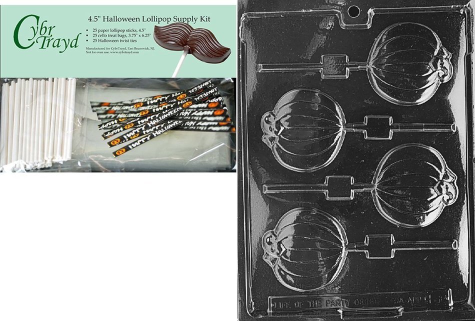 Cybrtrayd 45StK25H-H088 Plain Pumpkin Lolly Halloween Chocolate Mold with Lollipop Supply Kit