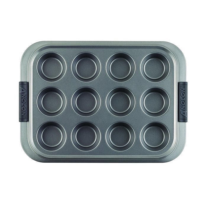 Anolon 12 Cup Advanced Nonstick Bakeware Muffin Pan with Silicone Grips, Gray N4
