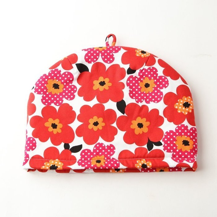 Northern European Style Red Flowered Cotton Cloth Tea Cozy with Teapot Coaster Handmade by Japanese Craftsman... N2