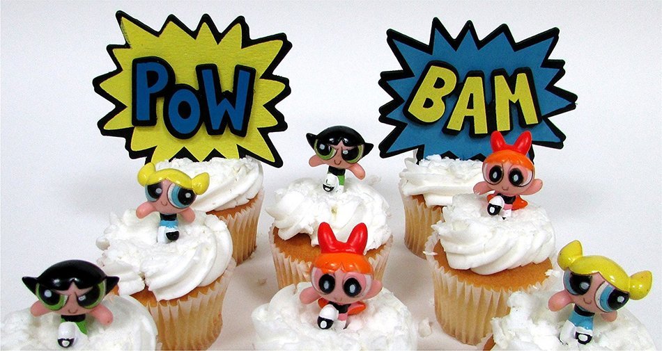 POWERPUFF GIRLS 8 Piece Birthday CUPCAKE Topper Set Featuring Powerpuff Girls Figures and Decorative Themed Accessories... N3