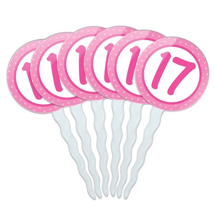 Set of 6 Cupcake Picks Toppers Decoration Birthday Party Pink Dots - 21 Twenty One N30