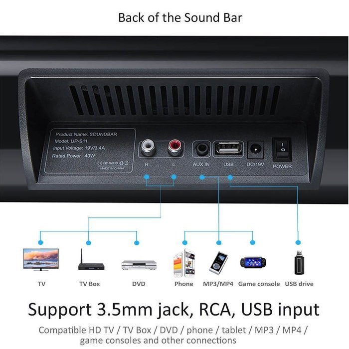 E-Ran black super bass system 34 inch bluetooth sound bar N3