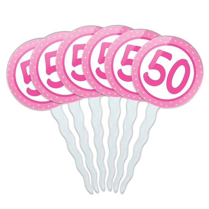 Set of 6 Cupcake Picks Toppers Decoration Birthday Party Pink Dots - 21 Twenty One N34